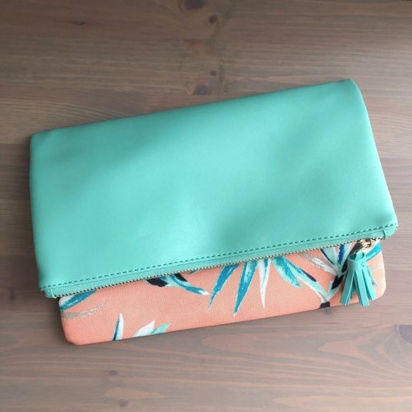 Rachel Pally Reversible Palm Print Turquoise Faux Leather Foldover Clutch - Picture 4 of 9